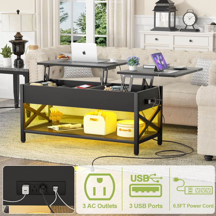 Lift-Top Coffee Table with Storage, Comes with LED Strip & Power Outlets