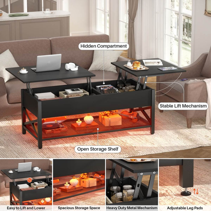 Lift-Top Coffee Table with Storage, Comes with LED Strip & Power Outlets