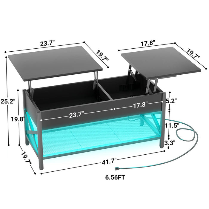 Lift-Top Coffee Table with Storage, Comes with LED Strip & Power Outlets