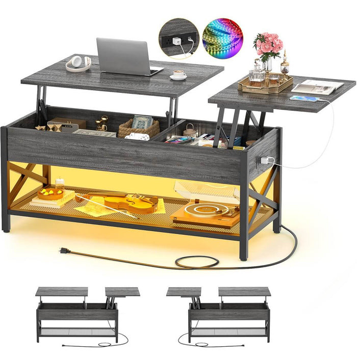 Lift-Top Coffee Table with Storage, Comes with LED Strip & Power Outlets
