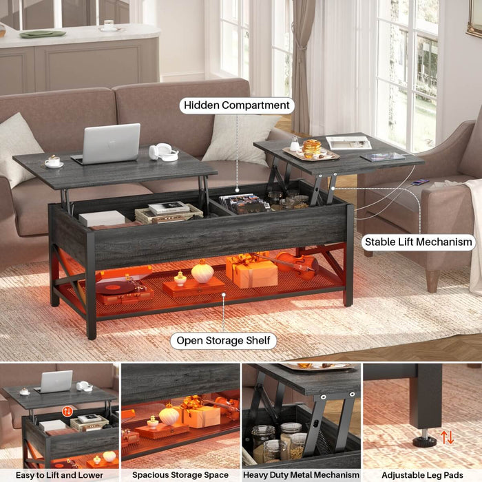 Lift-Top Coffee Table with Storage, Comes with LED Strip & Power Outlets