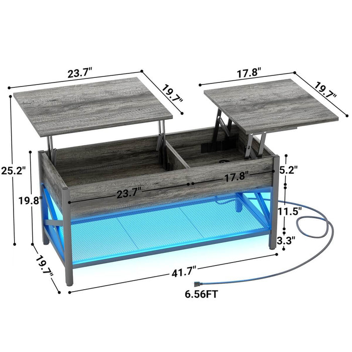 Lift-Top Coffee Table with Storage, Comes with LED Strip & Power Outlets