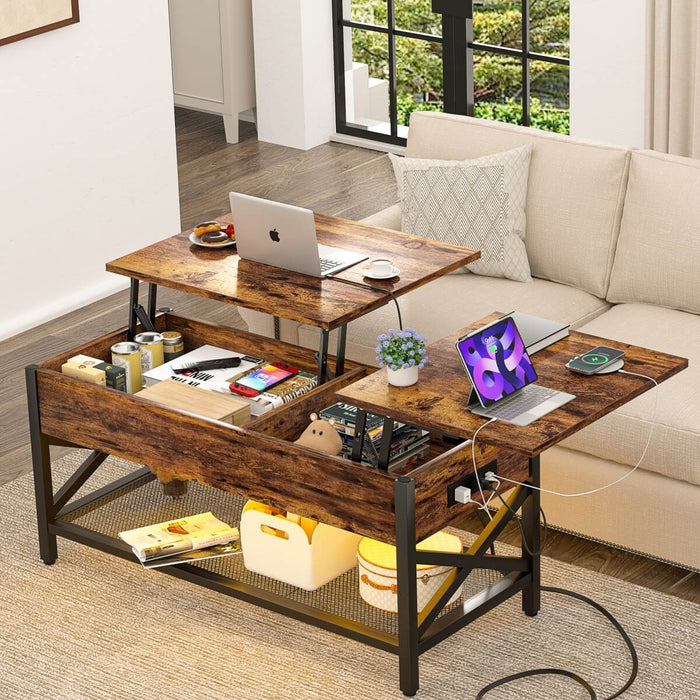 Lift-Top Coffee Table with Storage, Comes with LED Strip & Power Outlets