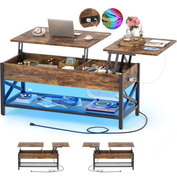 Lift-Top Coffee Table with Storage, Comes with LED Strip & Power Outlets