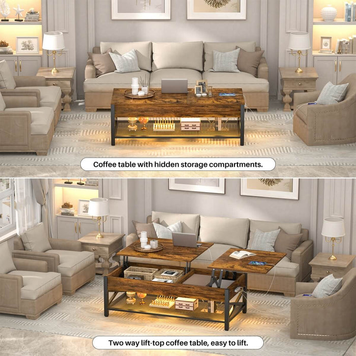 Lift-Top Coffee Table with Storage, Comes with LED Strip & Power Outlets