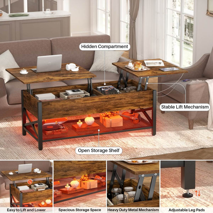 Lift-Top Coffee Table with Storage, Comes with LED Strip & Power Outlets