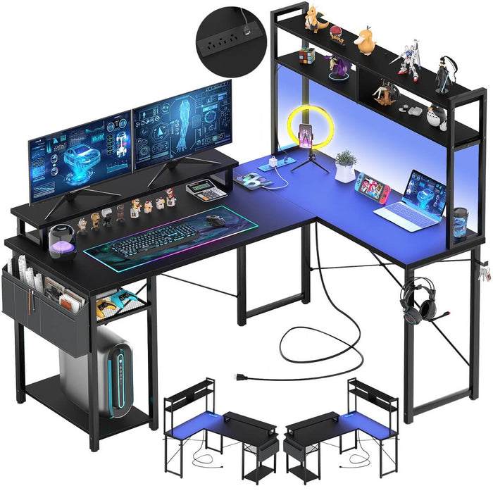 48.8'' Small LShaped Desk with Hutch, LED Lights and Power Outlets