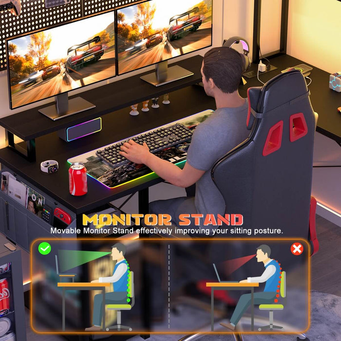 48.8'' Small LShaped Desk with Hutch, LED Lights and Power Outlets