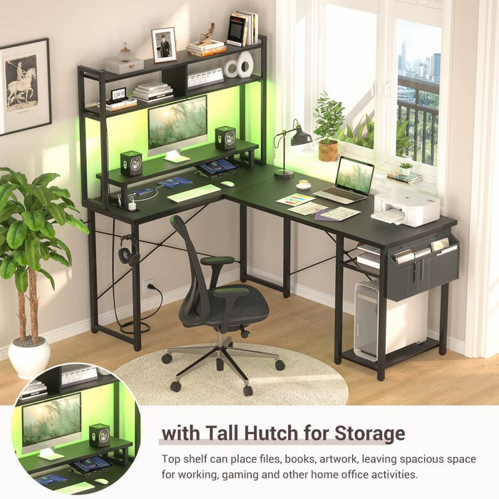 48.8'' Small LShaped Desk with Hutch, LED Lights and Power Outlets