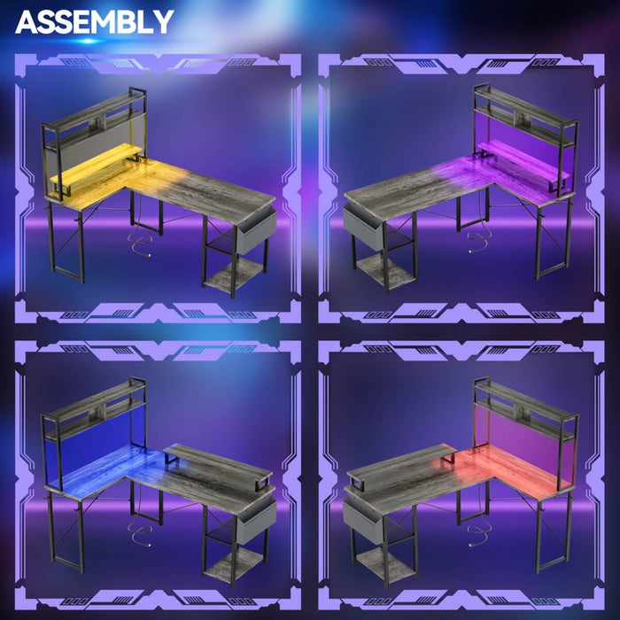 48.8'' Small LShaped Desk with Hutch, LED Lights and Power Outlets