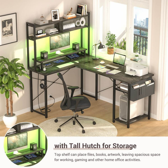 48.8'' Small LShaped Desk with Hutch, LED Lights and Power Outlets