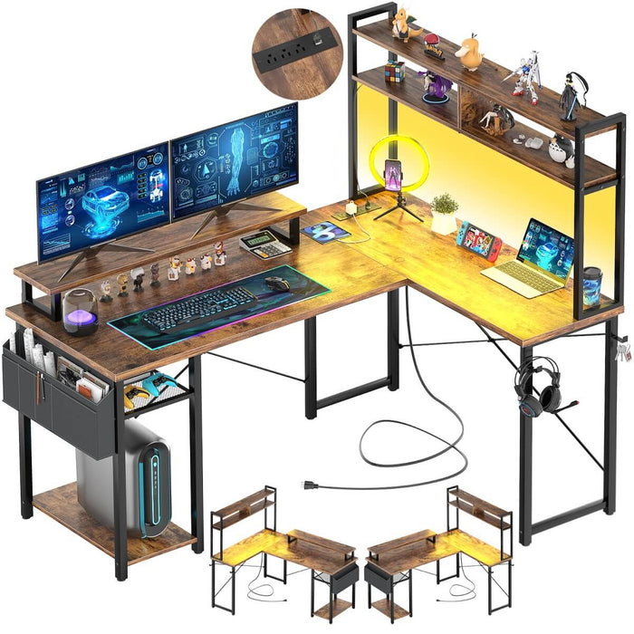 48.8'' Small LShaped Desk with Hutch, LED Lights and Power Outlets