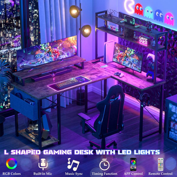 48.8'' Small LShaped Desk with Hutch, LED Lights and Power Outlets