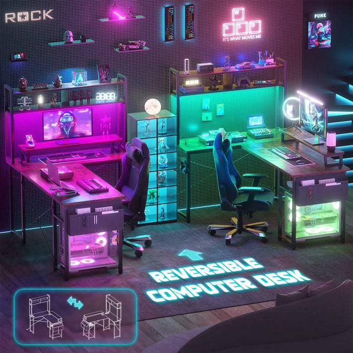 48.8'' Small LShaped Desk with Hutch, LED Lights and Power Outlets