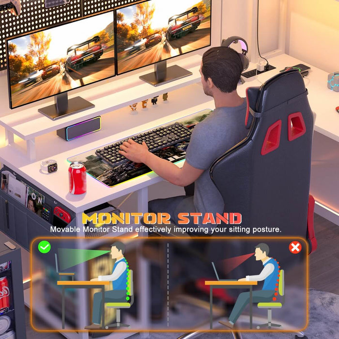 48.8'' Small LShaped Desk with Hutch, LED Lights and Power Outlets