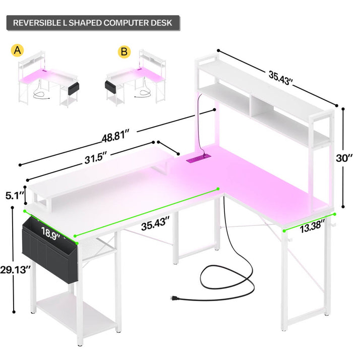 48.8'' Small LShaped Desk with Hutch, LED Lights and Power Outlets