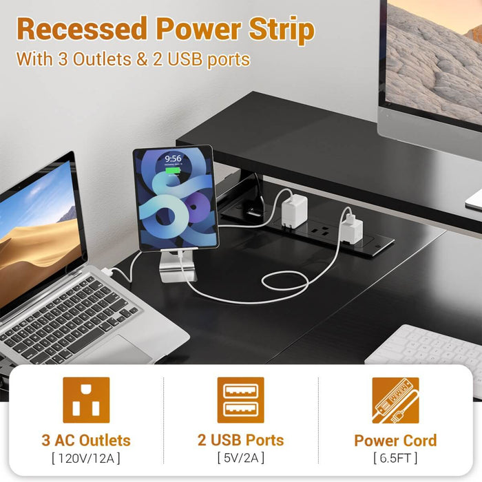 L Shaped Desk with File Drawers, Power Outlets & LED Strip, Reversible