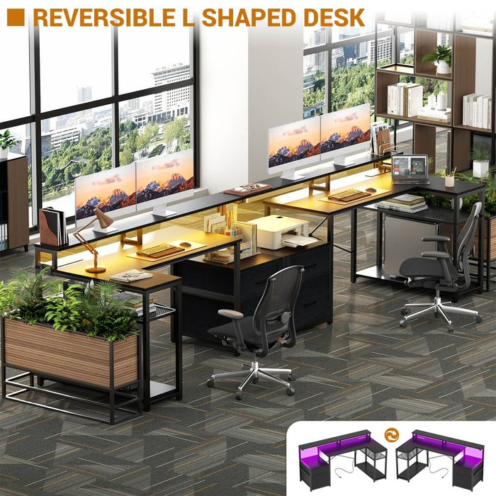 L Shaped Desk with File Drawers, Power Outlets & LED Strip, Reversible