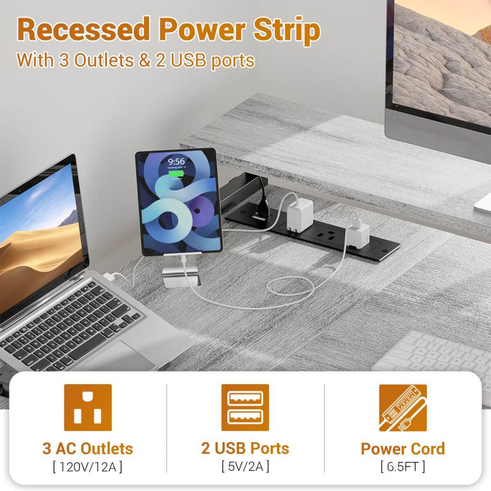 L Shaped Desk with File Drawers, Power Outlets & LED Strip, Reversible