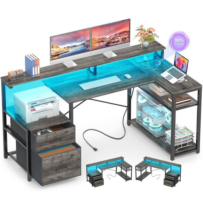 L Shaped Desk with File Drawers, Power Outlets & LED Strip, Reversible