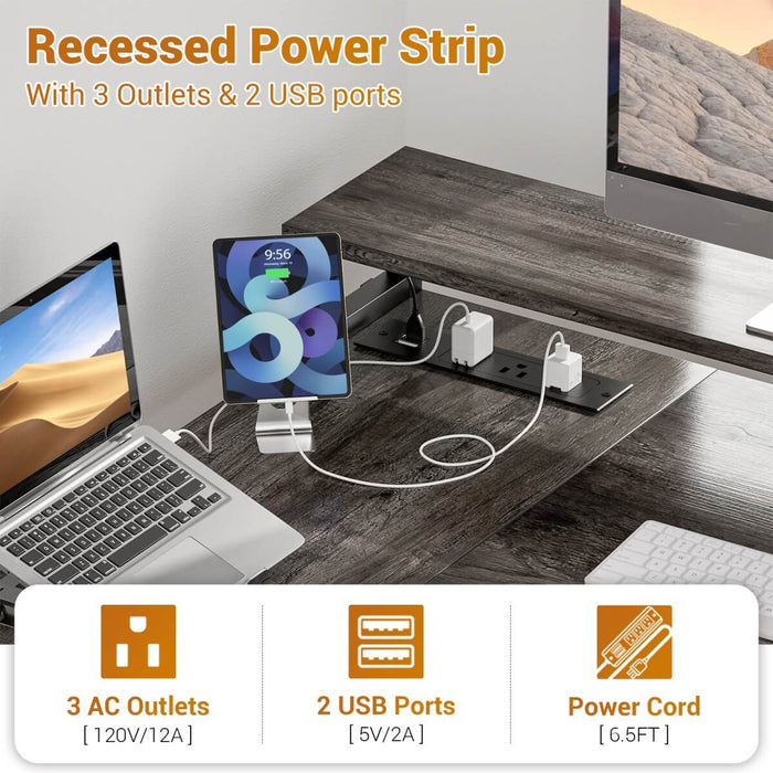 L Shaped Desk with File Drawers, Power Outlets & LED Strip, Reversible