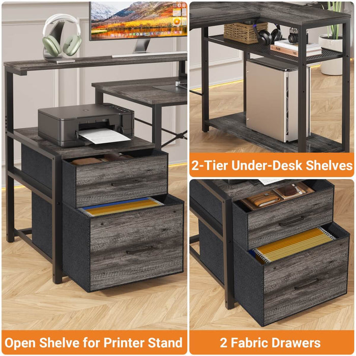 L Shaped Desk with File Drawers, Power Outlets & LED Strip, Reversible