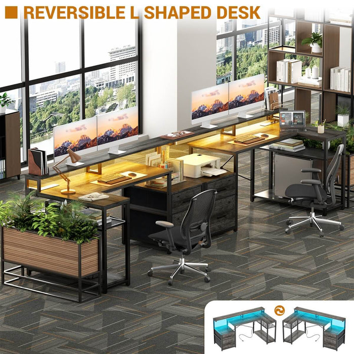 L Shaped Desk with File Drawers, Power Outlets & LED Strip, Reversible