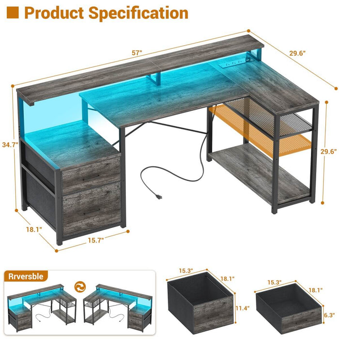 L Shaped Desk with File Drawers, Power Outlets & LED Strip, Reversible