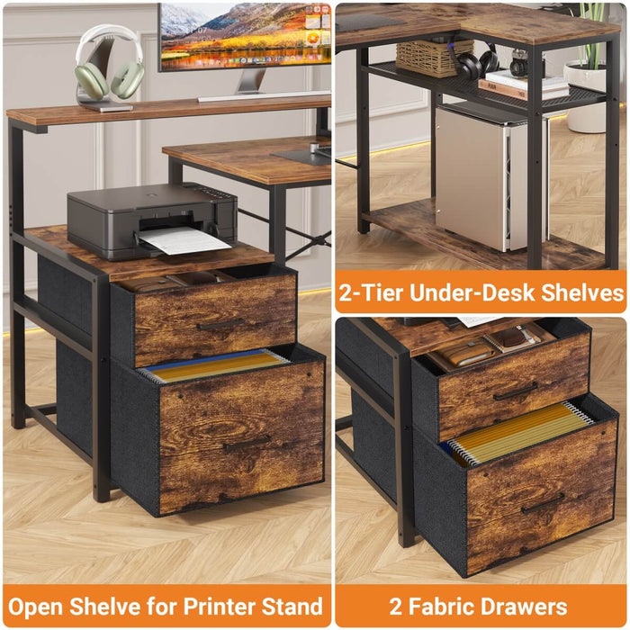 L Shaped Desk with File Drawers, Power Outlets & LED Strip, Reversible