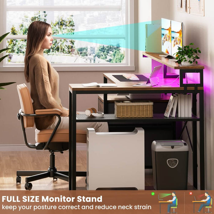 L Shaped Desk with File Drawers, Power Outlets & LED Strip, Reversible