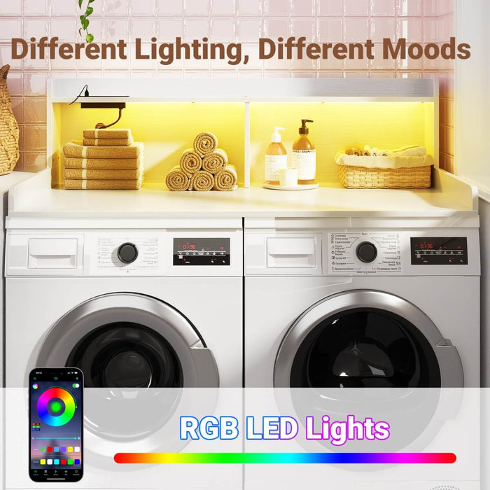 2-Tier Washer and Dryer Countertop with Power Outlets and LED Lights