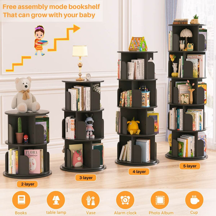 5-Tier Wooden Rotating Bookshelf, Bookcase Storage Rack