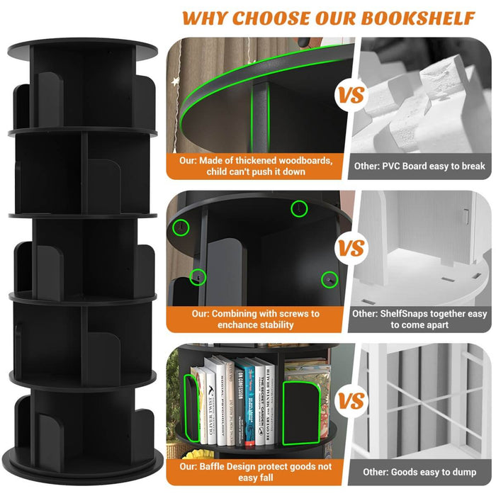 5-Tier Wooden Rotating Bookshelf, Bookcase Storage Rack