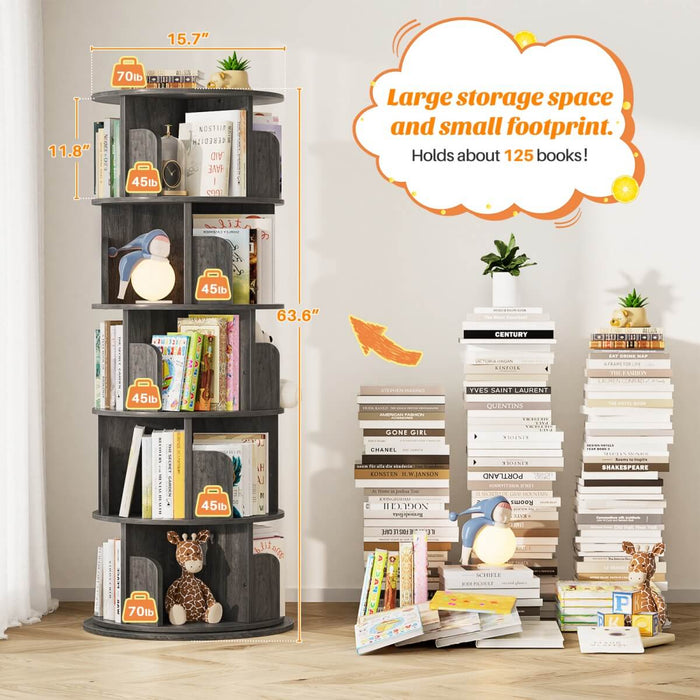 5-Tier Wooden Rotating Bookshelf, Bookcase Storage Rack