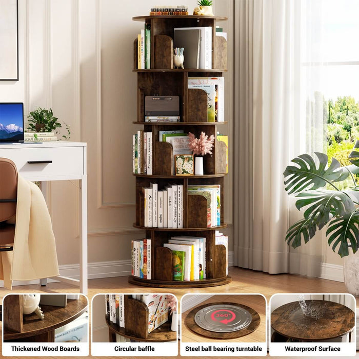 5-Tier Wooden Rotating Bookshelf, Bookcase Storage Rack