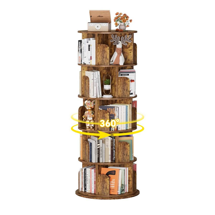 5-Tier Wooden Rotating Bookshelf, Bookcase Storage Rack