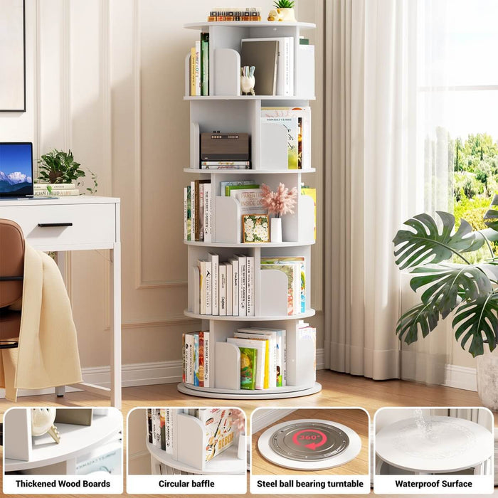 5-Tier Wooden Rotating Bookshelf, Bookcase Storage Rack