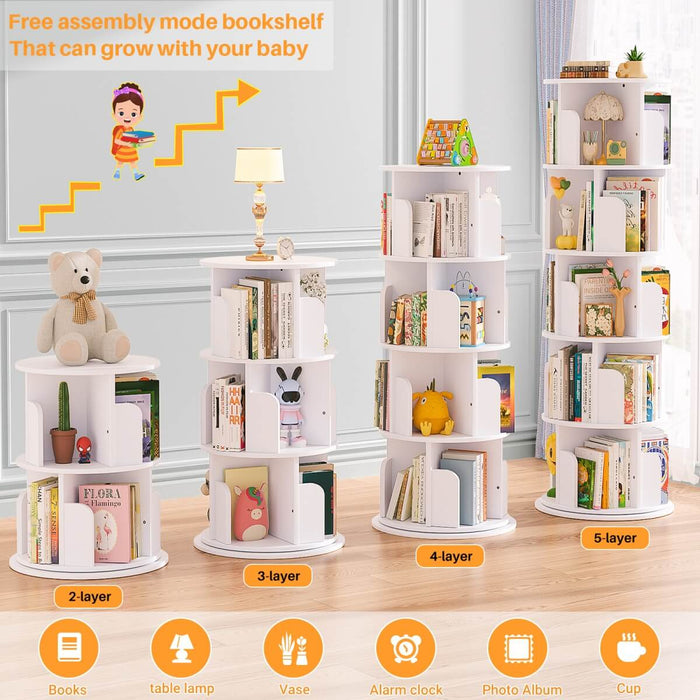 5-Tier Wooden Rotating Bookshelf, Bookcase Storage Rack