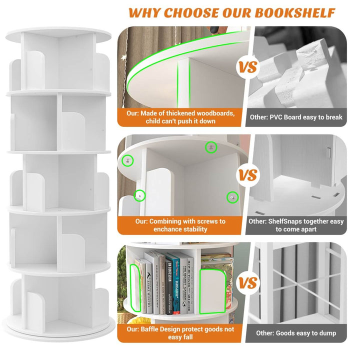 5-Tier Wooden Rotating Bookshelf, Bookcase Storage Rack