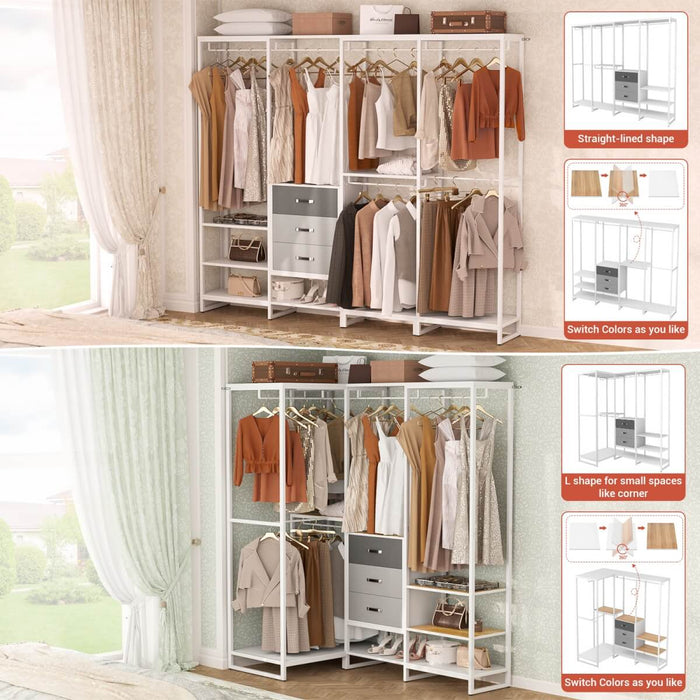 74'' Length Large Clothing Rack Wardrobe Closet with 3 Wooden Drawers