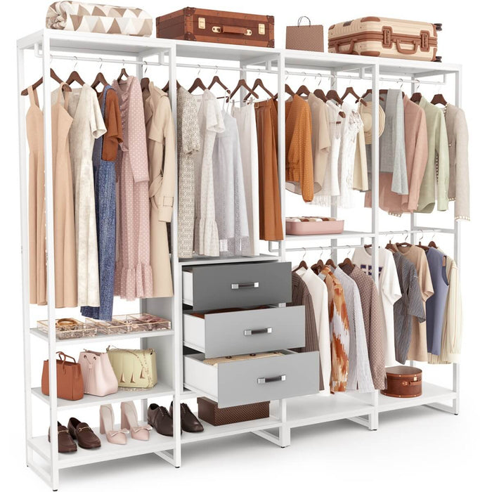 74'' Length Large Clothing Rack Wardrobe Closet with 3 Wooden Drawers