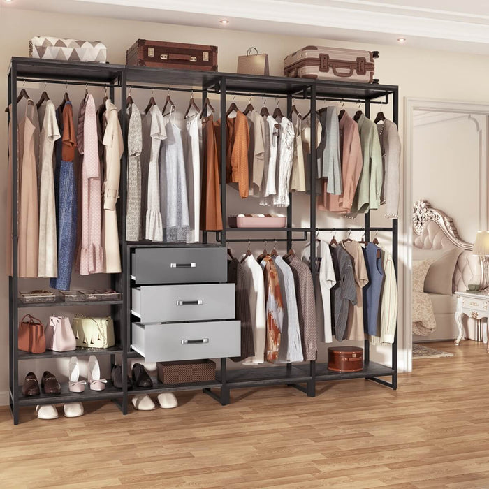 74'' Length Large Clothing Rack Wardrobe Closet with 3 Wooden Drawers