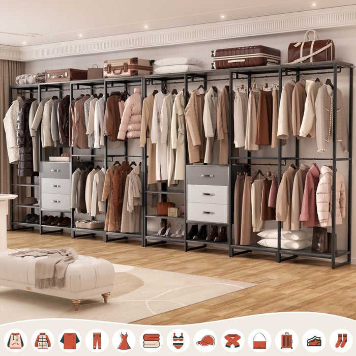 74'' Length Large Clothing Rack Wardrobe Closet with 3 Wooden Drawers