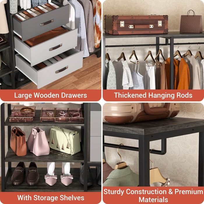 74'' Length Large Clothing Rack Wardrobe Closet with 3 Wooden Drawers
