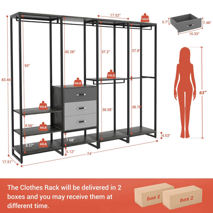 74'' Length Large Clothing Rack Wardrobe Closet with 3 Wooden Drawers