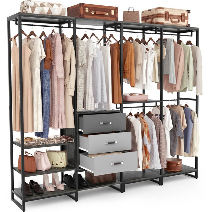 74'' Length Large Clothing Rack Wardrobe Closet with 3 Wooden Drawers