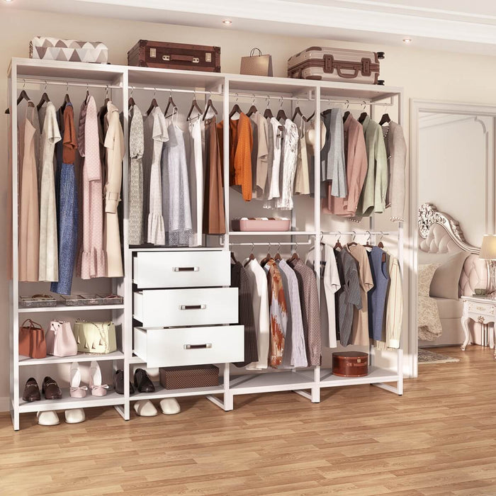 74'' Length Large Clothing Rack Wardrobe Closet with 3 Wooden Drawers