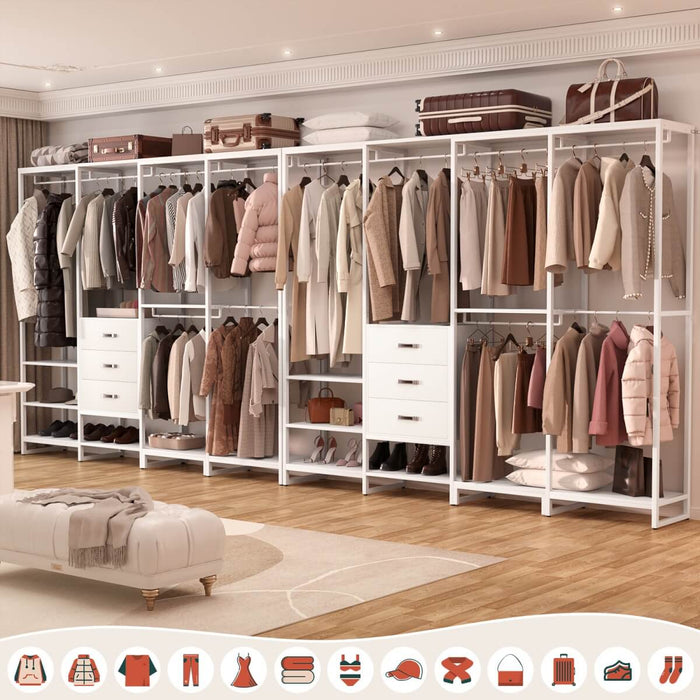 74'' Length Large Clothing Rack Wardrobe Closet with 3 Wooden Drawers