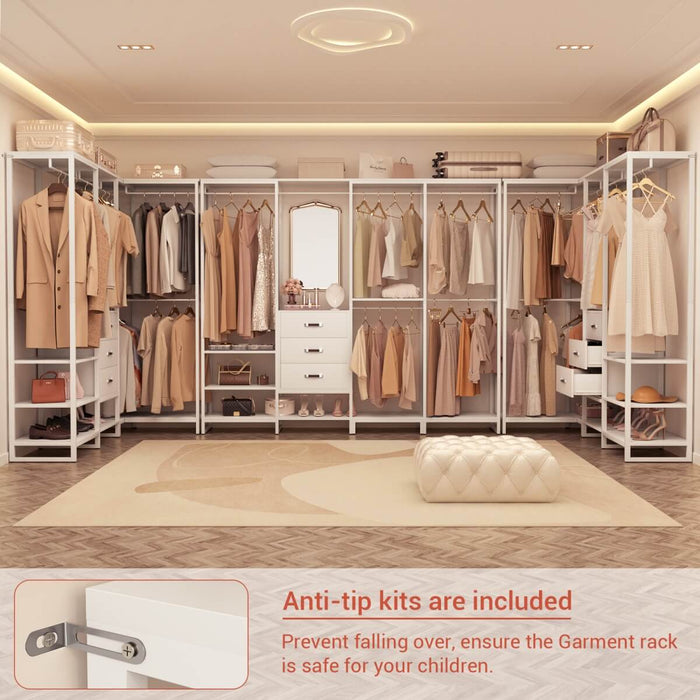74'' Length Large Clothing Rack Wardrobe Closet with 3 Wooden Drawers