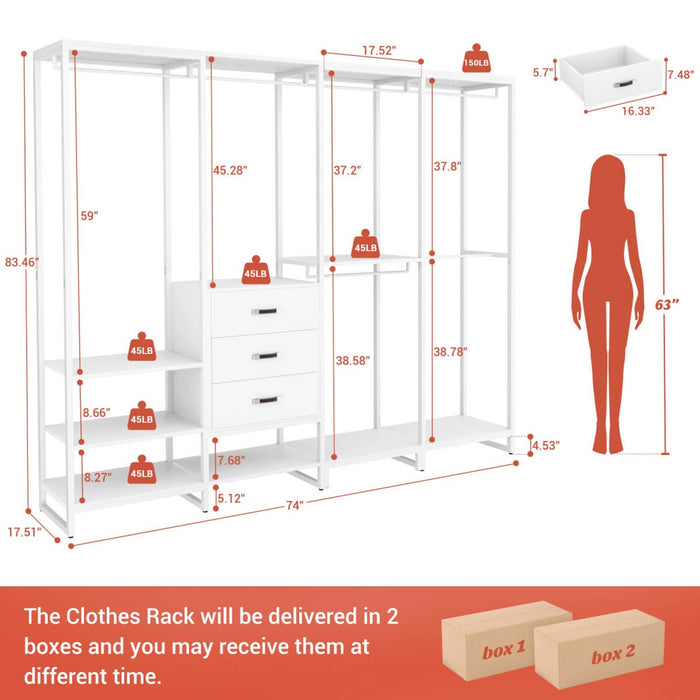 74'' Length Large Clothing Rack Wardrobe Closet with 3 Wooden Drawers